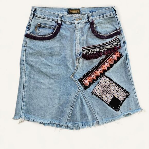 Vintage Reworked Timberland Upcycled Y2K Denim Embroidered Patchwork Skirt 12 - Picture 1 of 15